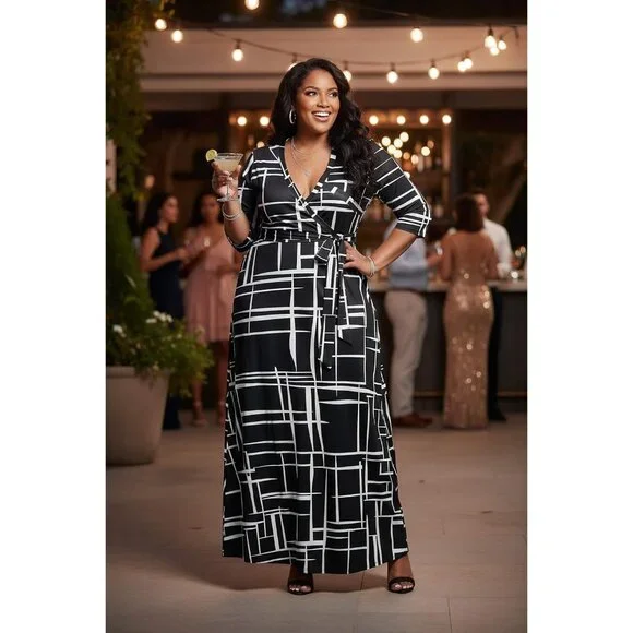 Women's 01-black Polyester Blend Floral 3/4 Sleeve with Belt Elegant Maxi - Picture 2 of 5